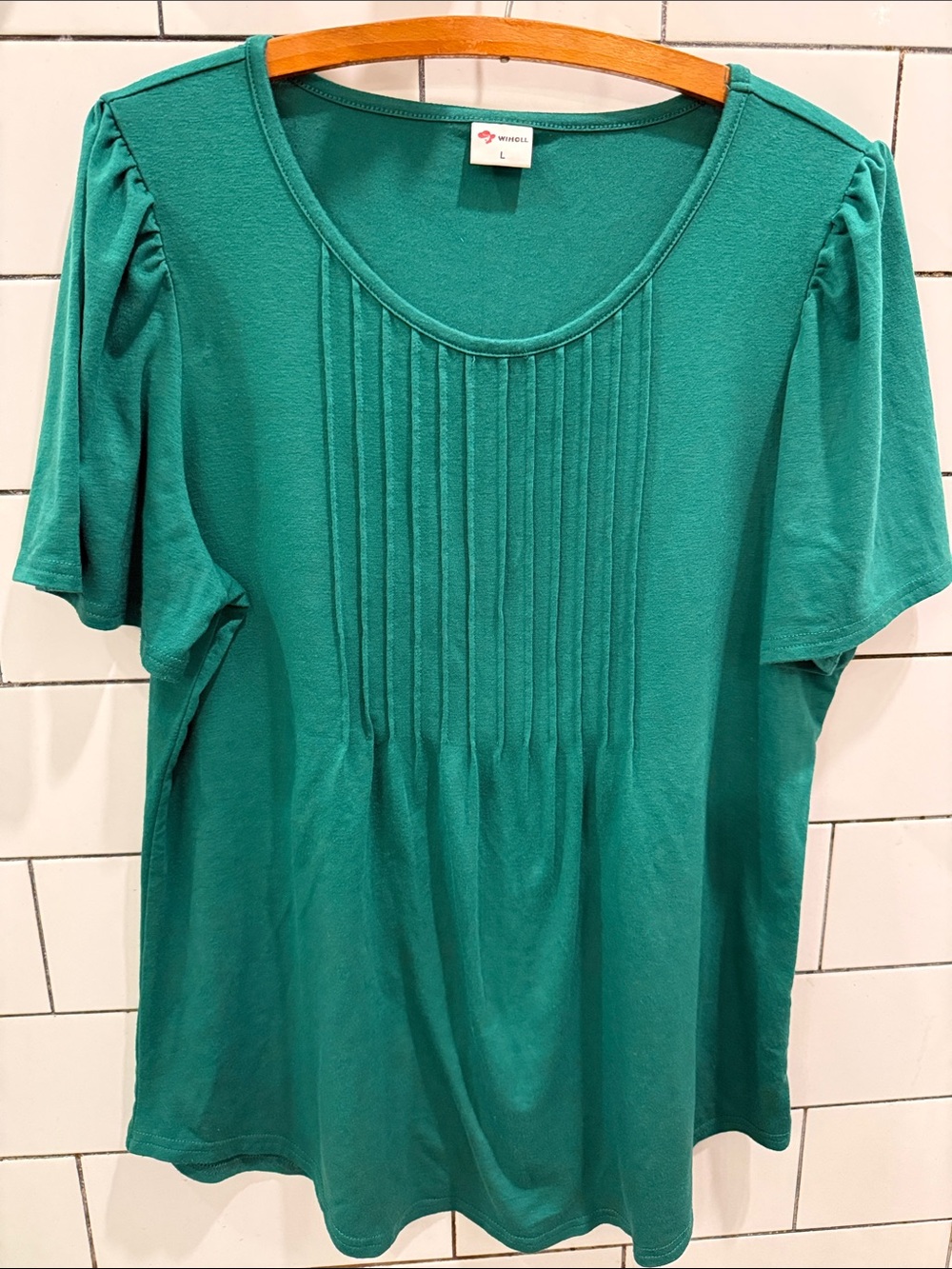 Green Women's Pleat-Front Short Sleeve Top